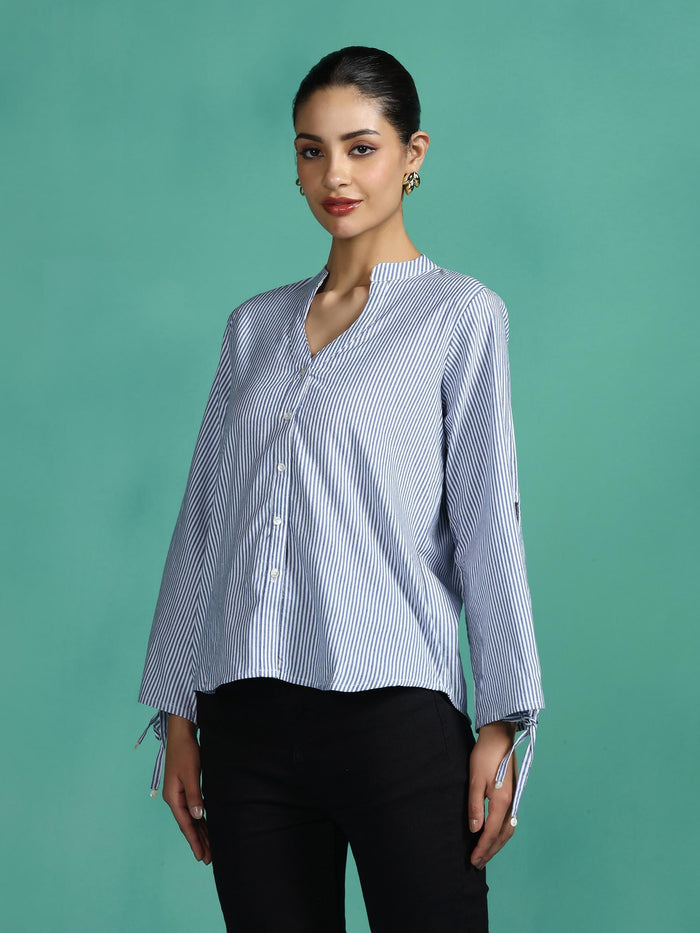 Women Cotton Blue Yarn Dyed Top.