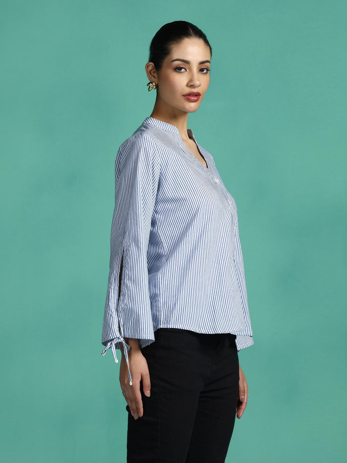 Women Cotton Blue Yarn Dyed Top.