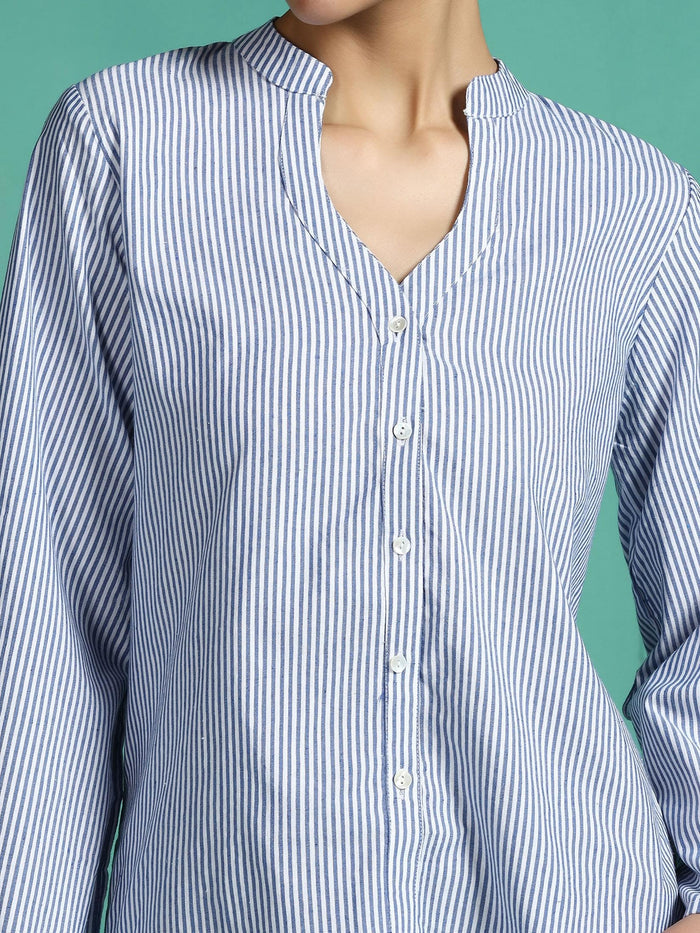 Women Cotton Blue Yarn Dyed Top.