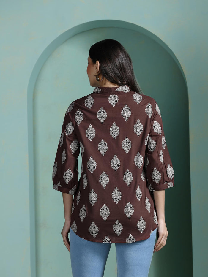 Women Cotton Brown Printed Tunic.