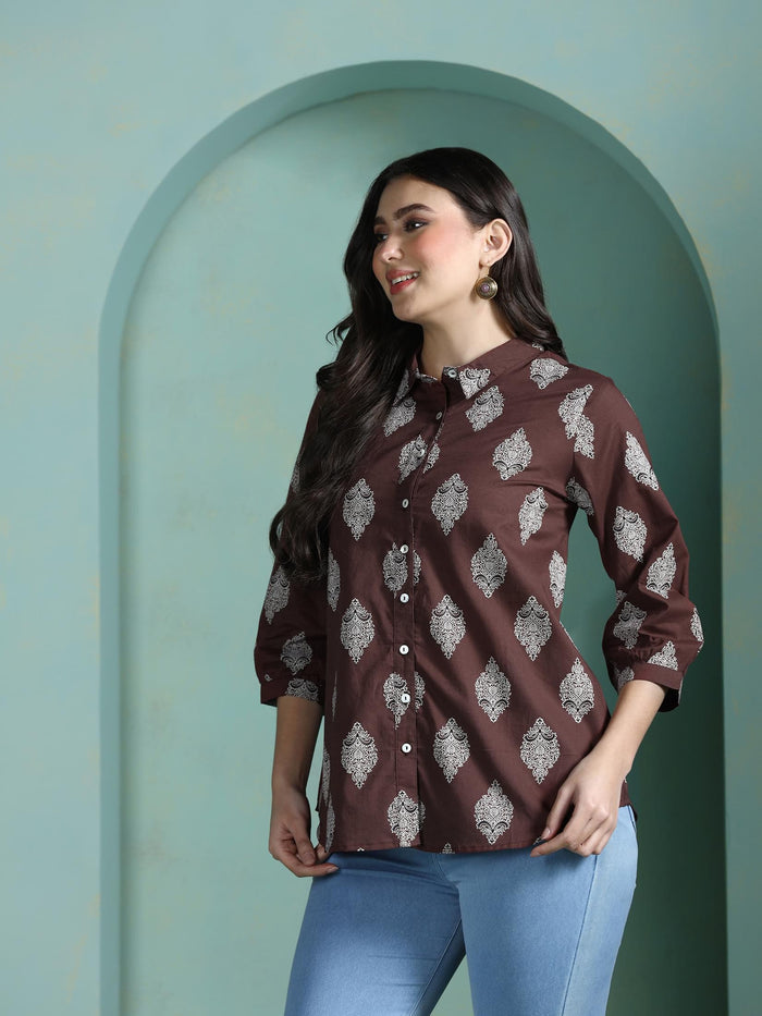 Women Cotton Brown Printed Tunic.