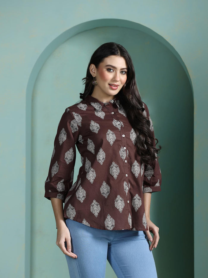 Women Cotton Brown Printed Tunic.