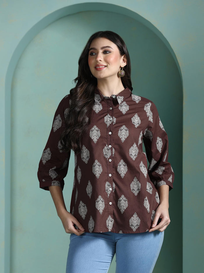 Women Cotton Brown Printed Tunic.