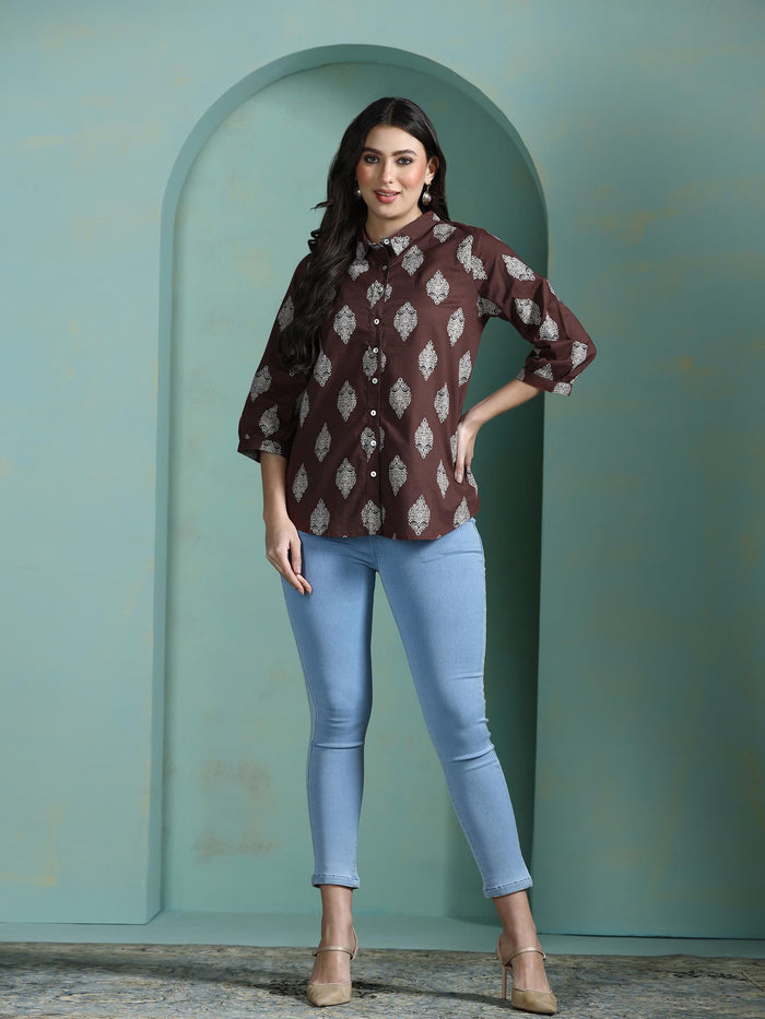 Women Cotton Brown Printed Tunic.