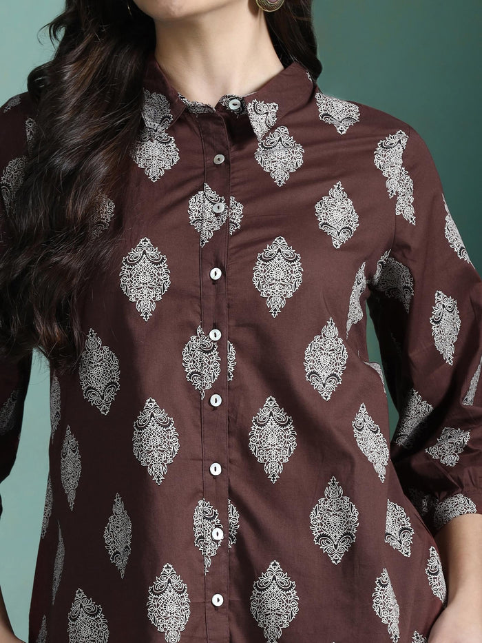 Women Cotton Brown Printed Tunic.
