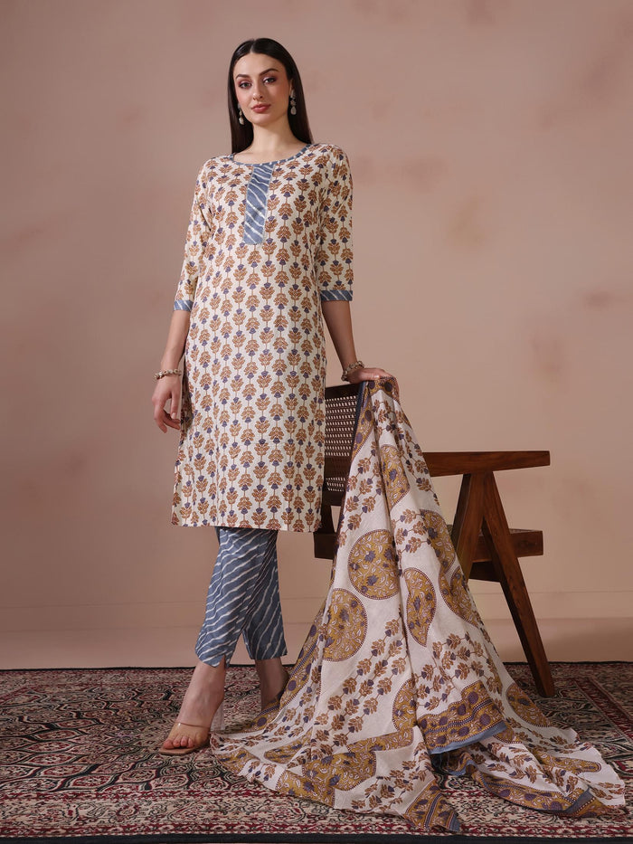 Women Cotton Cream Printed Kurta Trouser Dupatta.