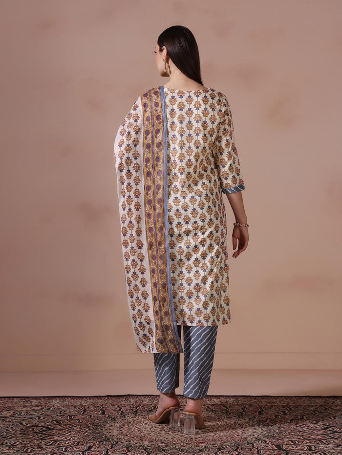 Women Cotton Cream Printed Kurta Trouser Dupatta.