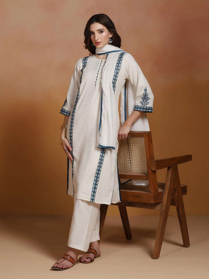 Women Cotton Flex Off White Embroidered Kurta Comfort Pant Dupatta.
