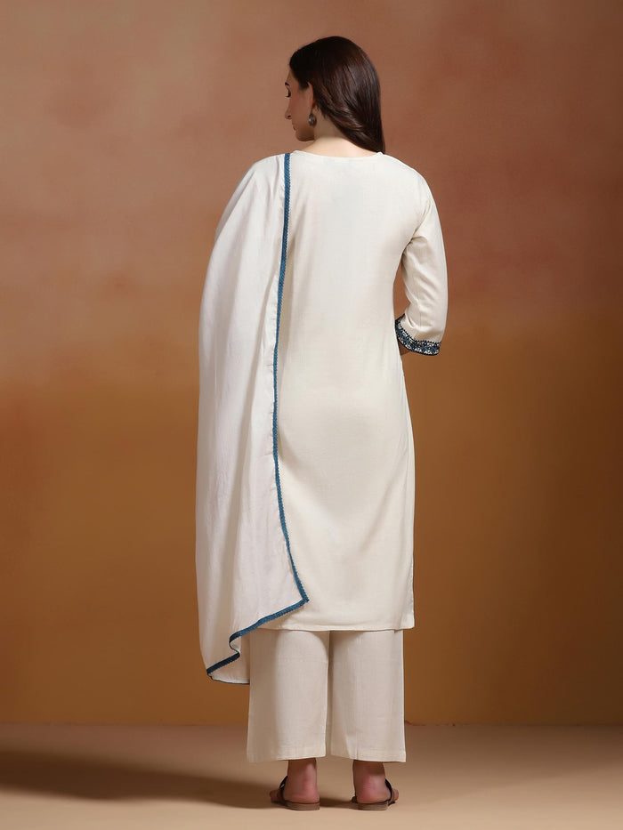 Women Cotton Flex Off White Embroidered Kurta Comfort Pant Dupatta.