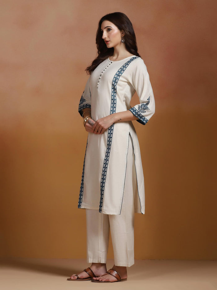 Women Cotton Flex Off White Embroidered Kurta Comfort Pant Dupatta.