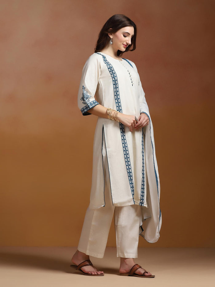 Women Cotton Flex Off White Embroidered Kurta Comfort Pant Dupatta.
