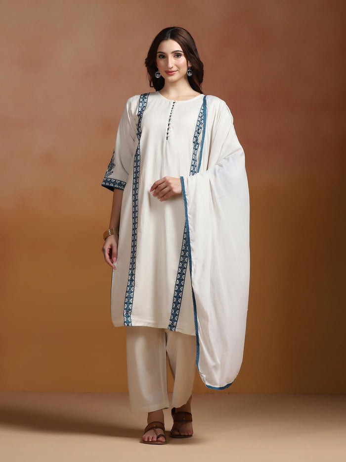 Women Cotton Flex Off White Embroidered Kurta Comfort Pant Dupatta.
