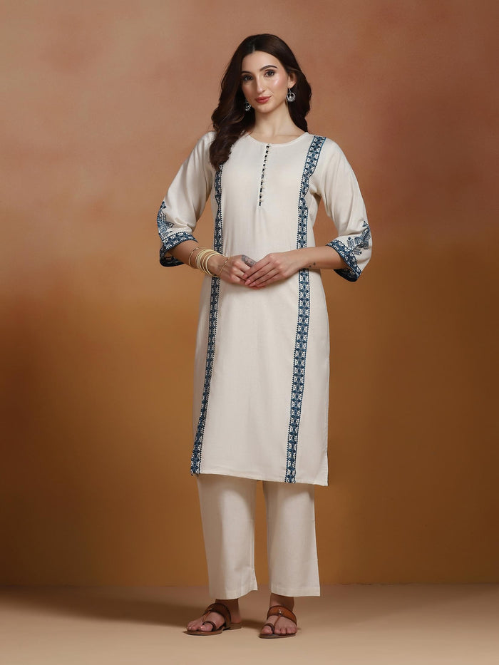 Women Cotton Flex Off White Embroidered Kurta Comfort Pant Dupatta.