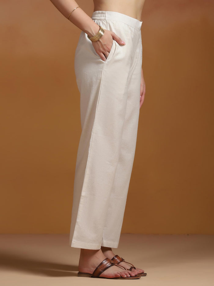 Women Cotton Flex Off White Embroidered Kurta Comfort Pant Dupatta.