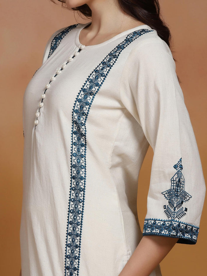 Women Cotton Flex Off White Embroidered Kurta Comfort Pant Dupatta.
