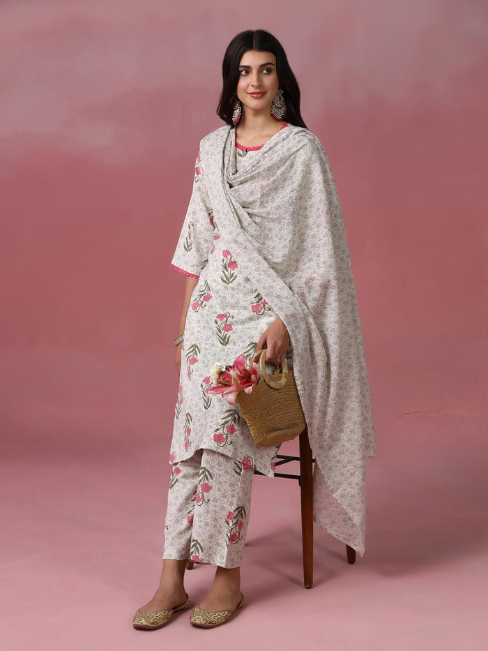 Women Cotton Flex Off White Printed Kurta Comfort Pant Dupatta.