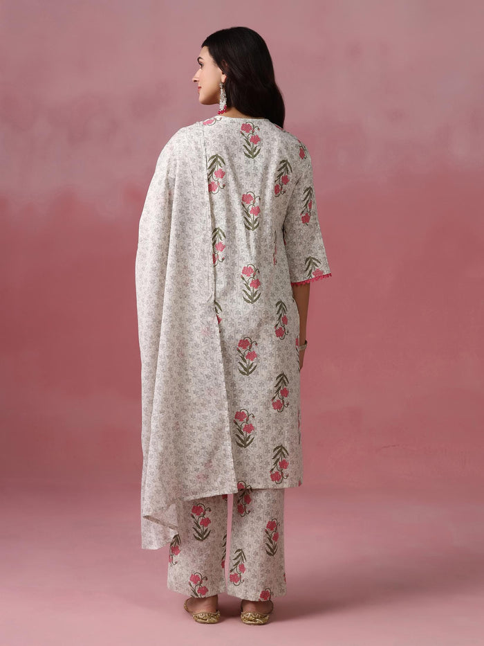 Women Cotton Flex Off White Printed Kurta Comfort Pant Dupatta.