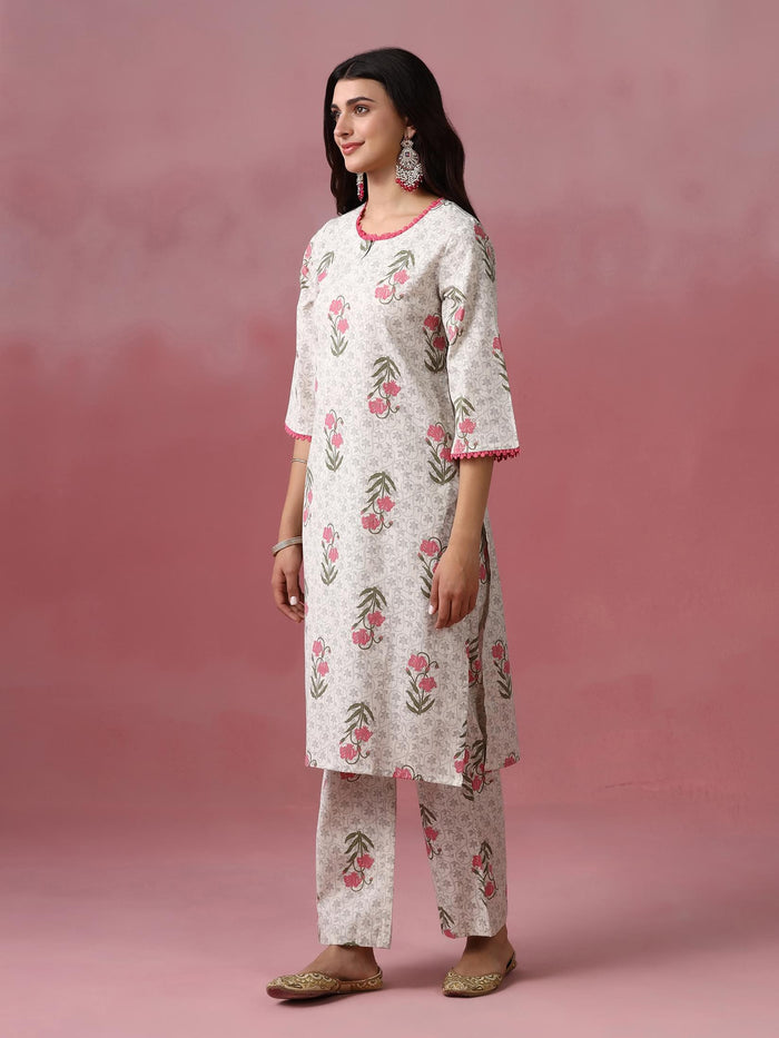 Women Cotton Flex Off White Printed Kurta Comfort Pant Dupatta.