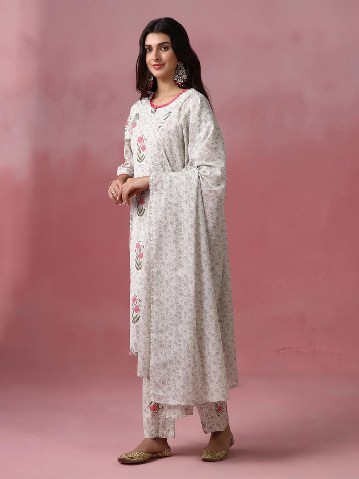 Women Cotton Flex Off White Printed Kurta Comfort Pant Dupatta.