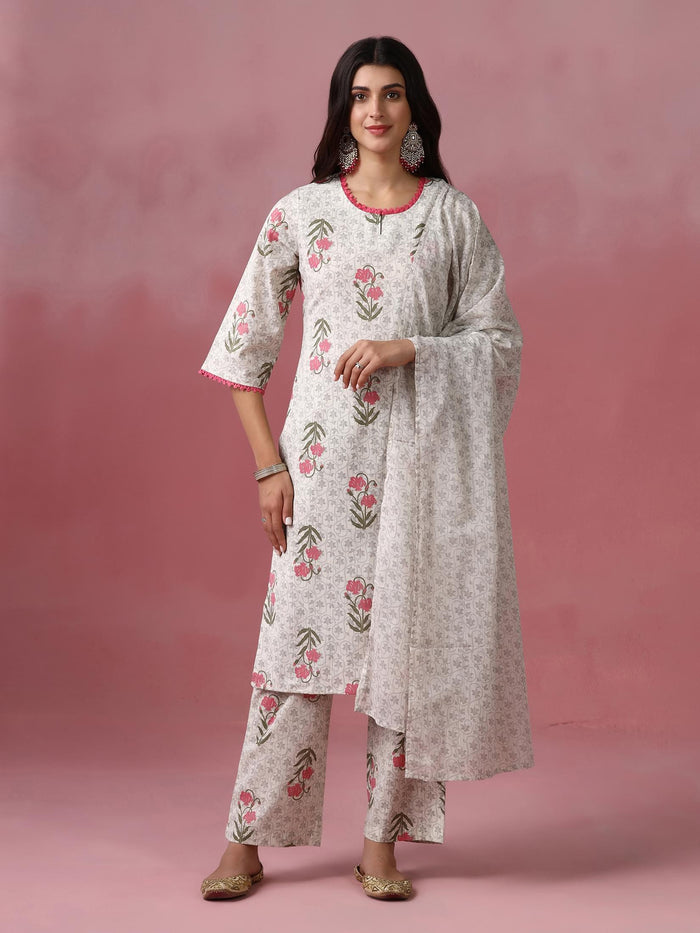 Women Cotton Flex Off White Printed Kurta Comfort Pant Dupatta.