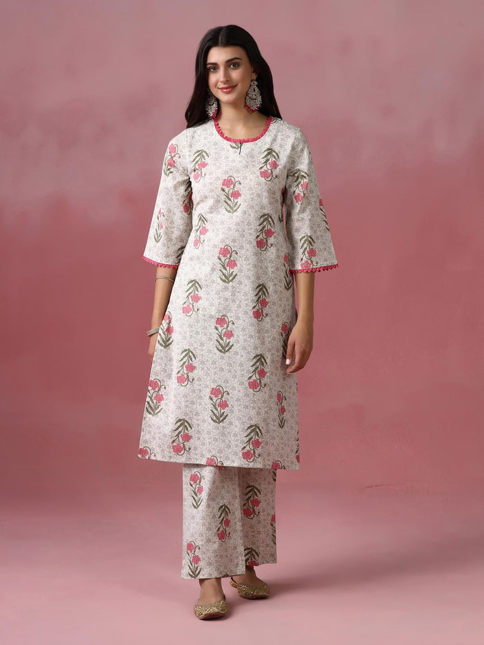 Women Cotton Flex Off White Printed Kurta Comfort Pant Dupatta.