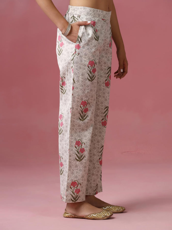 Women Cotton Flex Off White Printed Kurta Comfort Pant Dupatta.