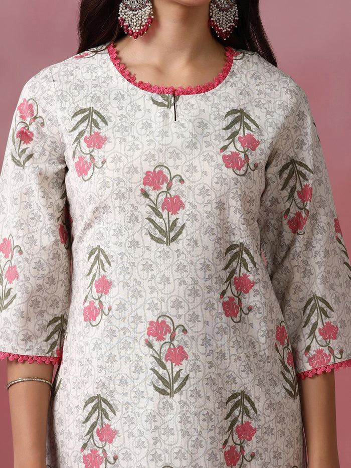 Women Cotton Flex Off White Printed Kurta Comfort Pant Dupatta.