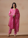 Women Cotton Fuchsia Printed Kurta Trouser Dupatta.