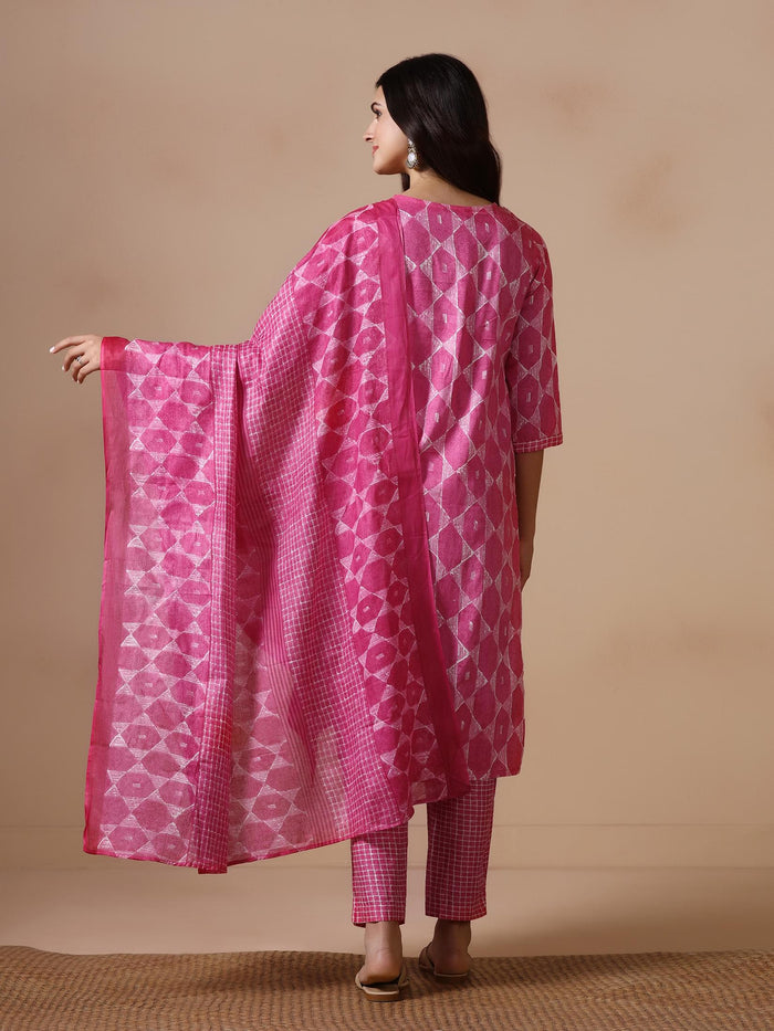 Women Cotton Fuchsia Printed Kurta Trouser Dupatta.