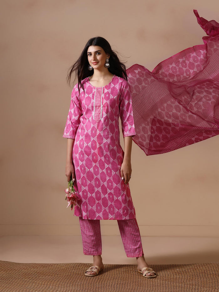 Women Cotton Fuchsia Printed Kurta Trouser Dupatta.