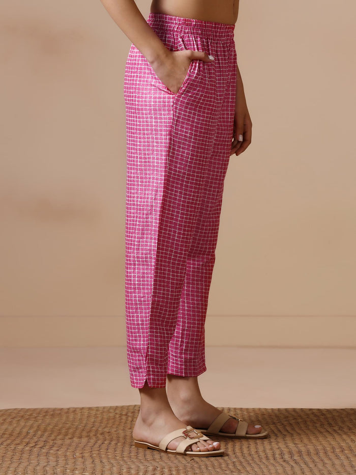 Women Cotton Fuchsia Printed Kurta Trouser Dupatta.