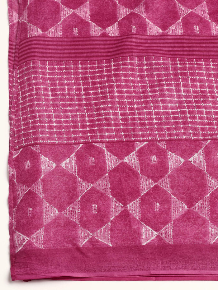 Women Cotton Fuchsia Printed Kurta Trouser Dupatta.