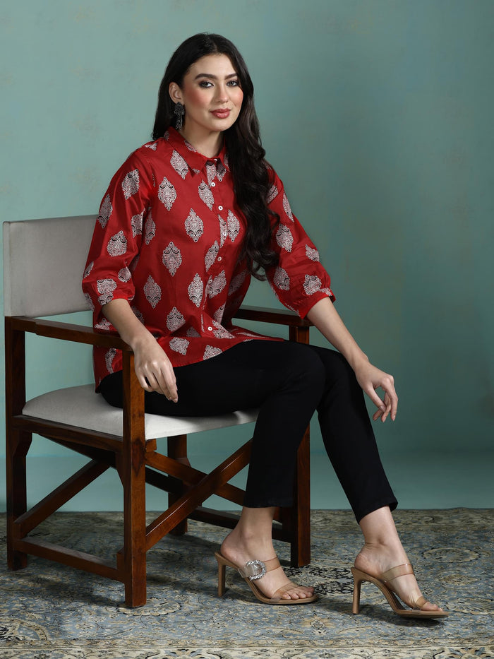 Women Cotton Fuchsia Printed Tunic.