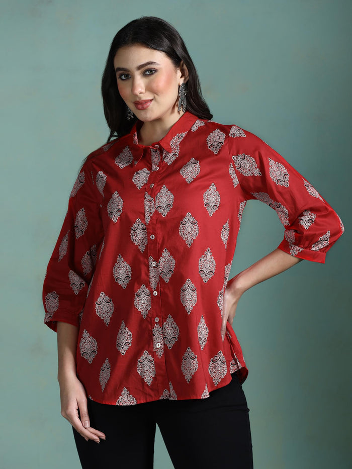 Women Cotton Fuchsia Printed Tunic.