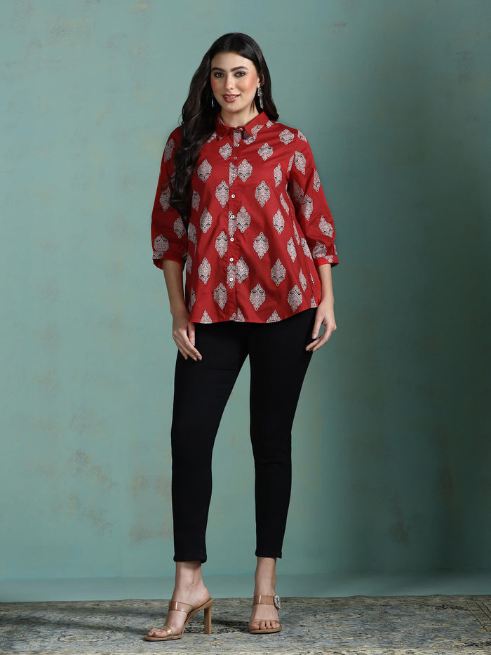 Women Cotton Fuchsia Printed Tunic.