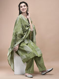 Women Cotton Green Abstract Print Kurta Comfort Pant Dupatta.