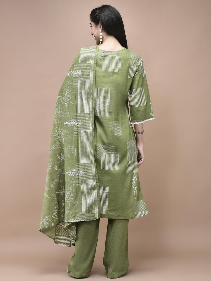 Women Cotton Green Abstract Print Kurta Comfort Pant Dupatta.