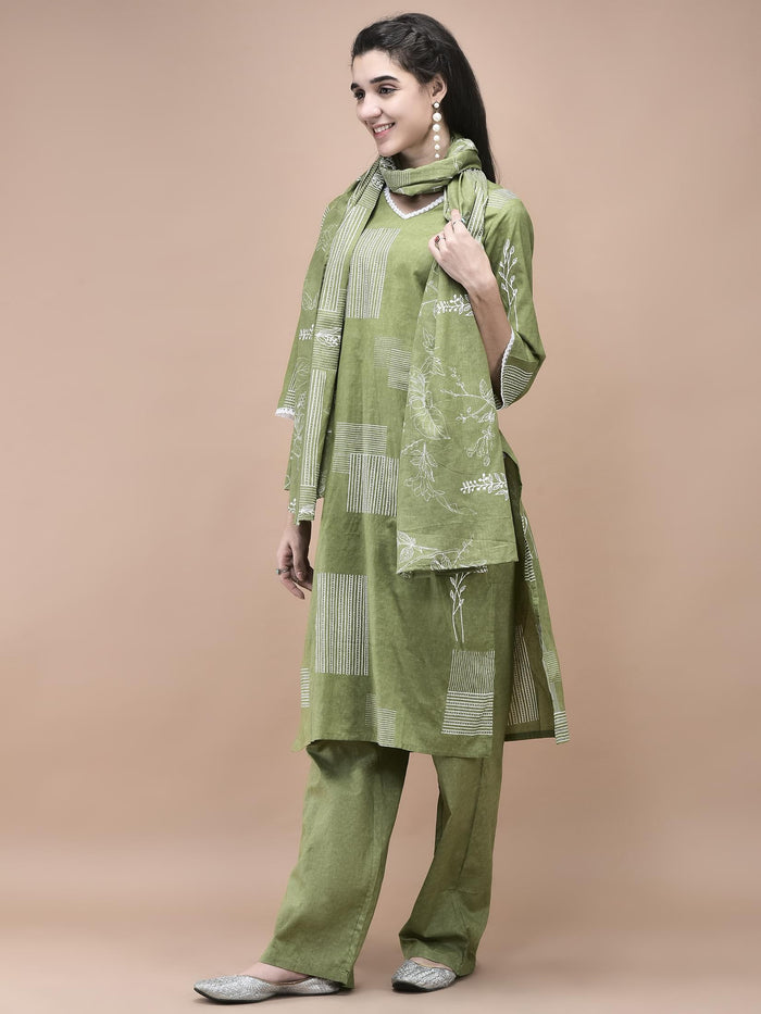 Women Cotton Green Abstract Print Kurta Comfort Pant Dupatta.