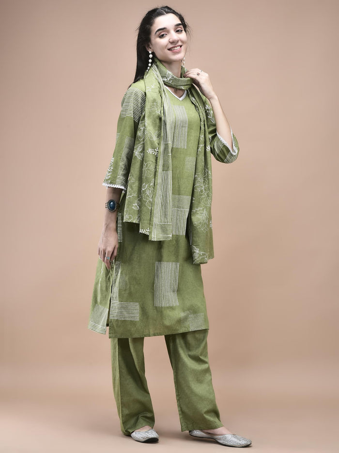 Women Cotton Green Abstract Print Kurta Comfort Pant Dupatta.