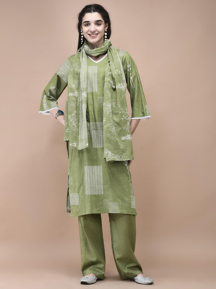 Women Cotton Green Abstract Print Kurta Comfort Pant Dupatta.