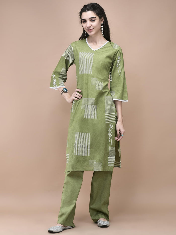 Women Cotton Green Abstract Print Kurta Comfort Pant Dupatta.