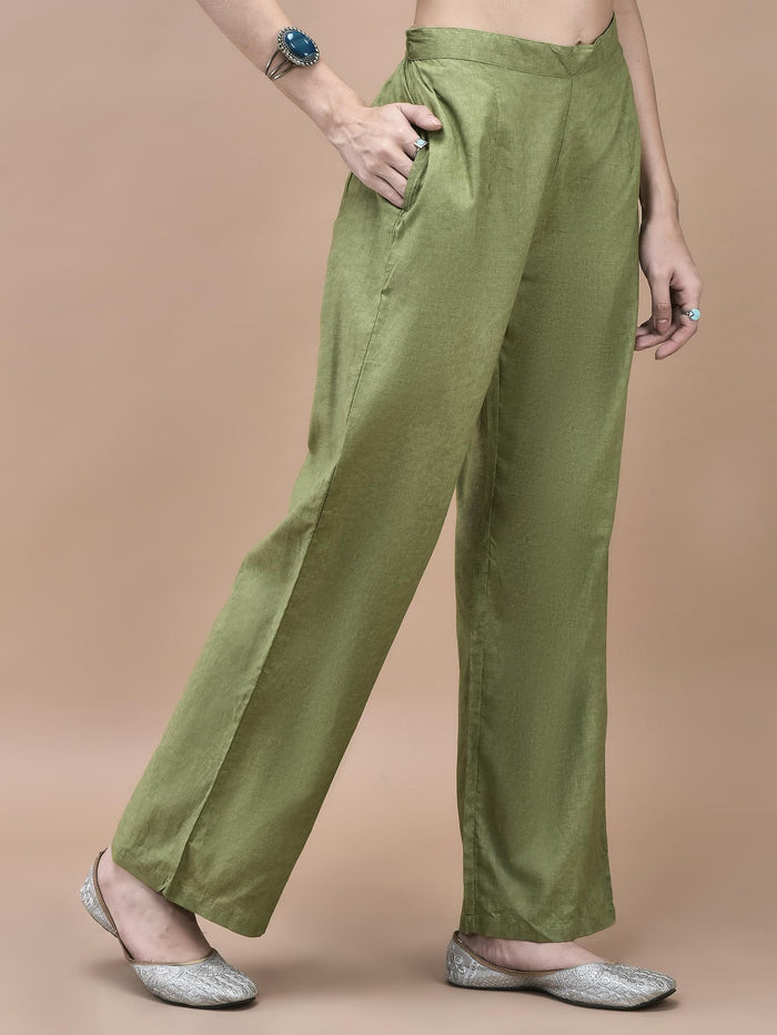 Women Cotton Green Abstract Print Kurta Comfort Pant Dupatta.