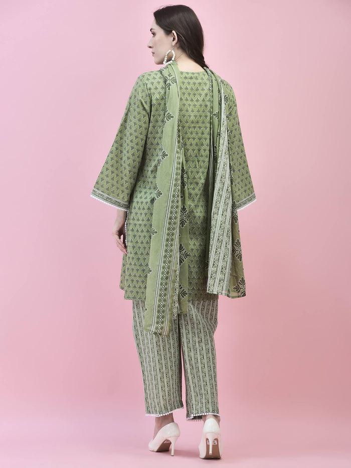 Women Cotton Green Floral Print Kurta Comfort Pant Dupatta.