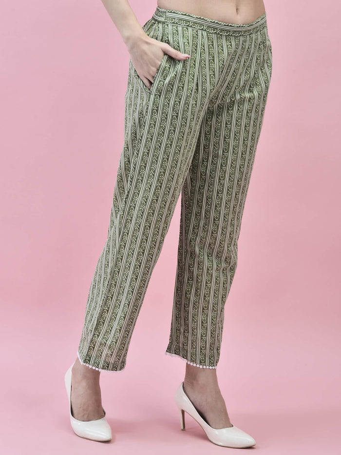 Women Cotton Green Floral Print Kurta Comfort Pant Dupatta.