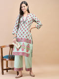 Women Cotton Green Ornamental Print Kurta With Comfort Pant.