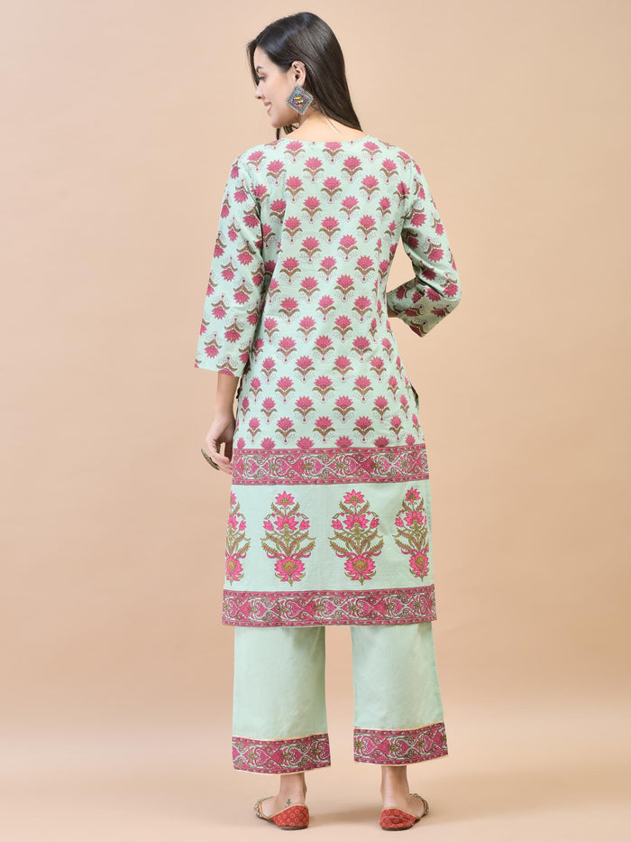 Women Cotton Green Ornamental Print Kurta With Comfort Pant.