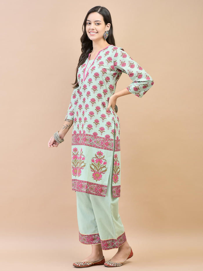 Women Cotton Green Ornamental Print Kurta With Comfort Pant.