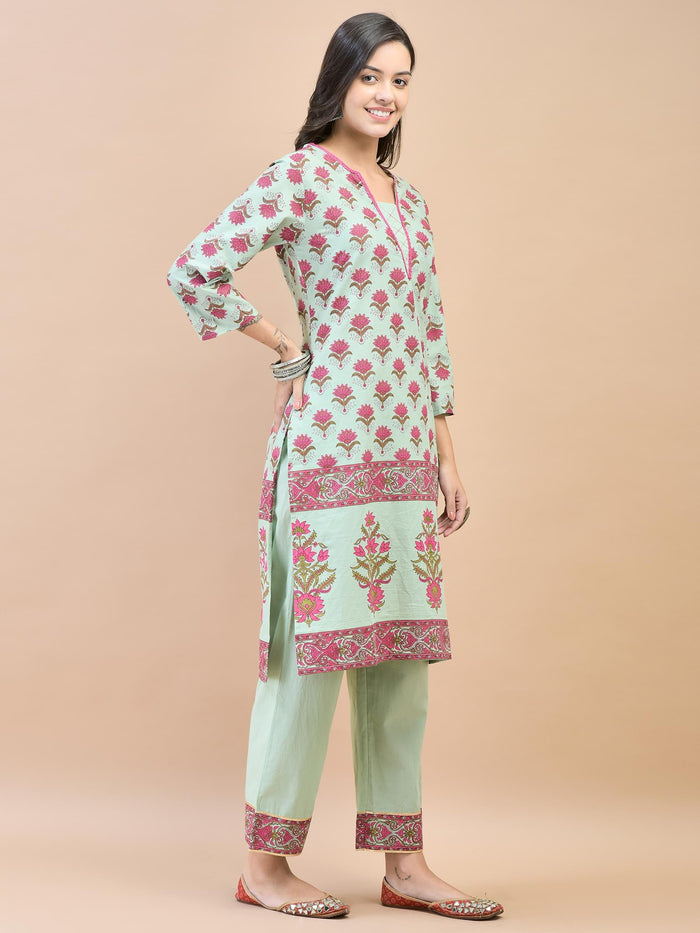 Women Cotton Green Ornamental Print Kurta With Comfort Pant.