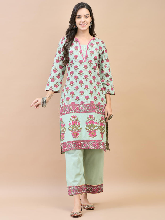 Women Cotton Green Ornamental Print Kurta With Comfort Pant.
