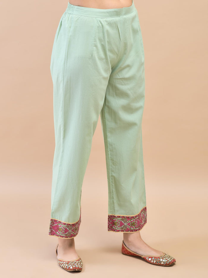 Women Cotton Green Ornamental Print Kurta With Comfort Pant.